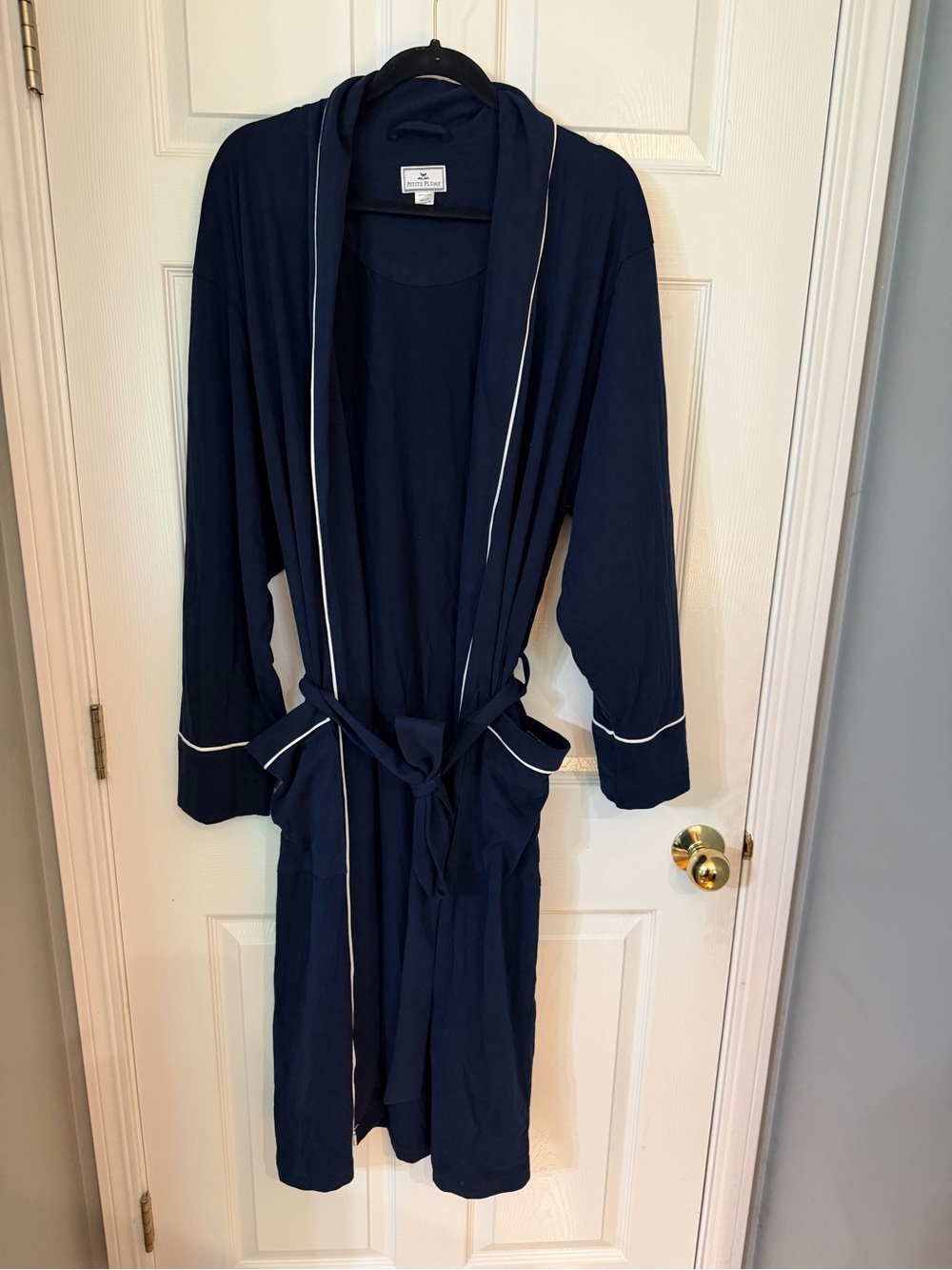 Men's Navy Robe with White Piping and Pockets
